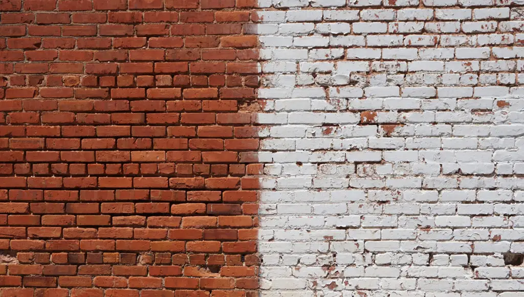 Photo of a brick wall with half of the wall painted white, representing political polarization