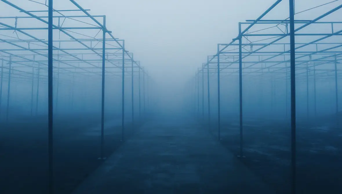 Photo of metal framing structures on a foggy day
