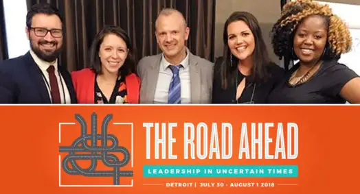 Photo of (L to R) Kevin Peterson, Tory Martin, Matthew Downey, Bridget Clark Whitney, and Janean Couch at the 2018 Emerging Practitioners in Philanthropy (EPIP) annual conference in Detroit, Mich.