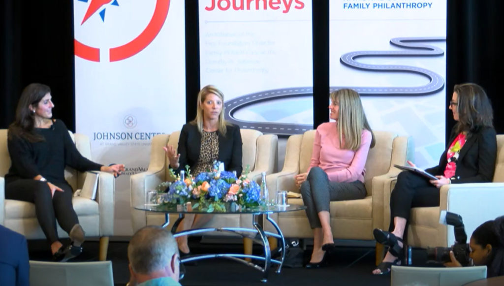 Photo of Polo Reo Tate, Lee Ippolito Jurewitz, Heidi Yewman, and Lisa Parker speaking at the 2019 National Summit on Family Philanthropy