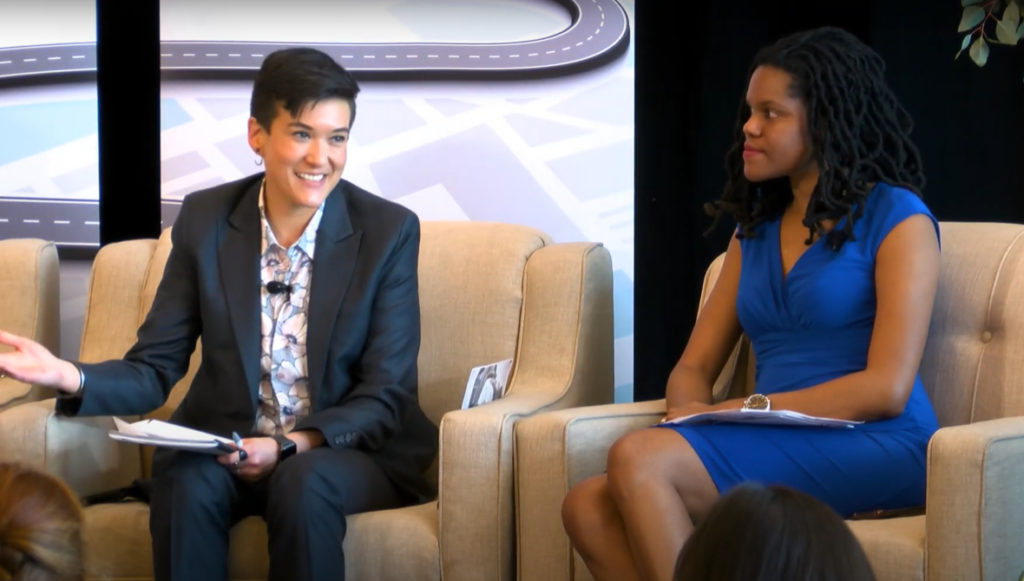 Photo of A. Sparks and Jeanné Isler speaking at the 2019 National Summit on Family Philanthropy