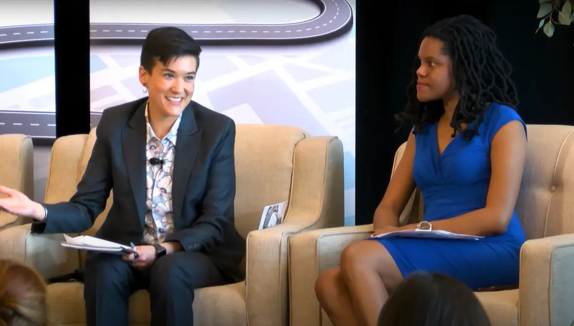 Photo of A. Sparks and Jeanné Isler speaking at the 2019 National Summit on Family Philanthropy