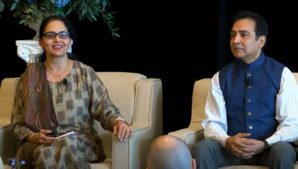 Photo of Anna and Raj Asava speaking on a panel at the 2019 National Summit on Family Philanthropy