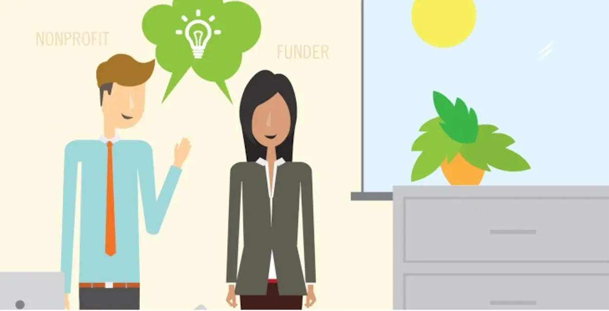 Illustration of two professionals speaking, one labeled "nonprofit" and one labeled "funder"