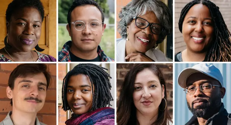 Photos of current and former Detroit Innovation Fellows. Top row (L to R): Shamayim ‘Mama Shu’ Harris, Juan Carlos Dueweke-Perez, Phillis Judkins, and Nicole Lindsey. Bottom row (L to R): Jackson Koeppel, Rebecca “Bucky” Willis, Tanya Saldivar-Ali, and Ali Dirul.
