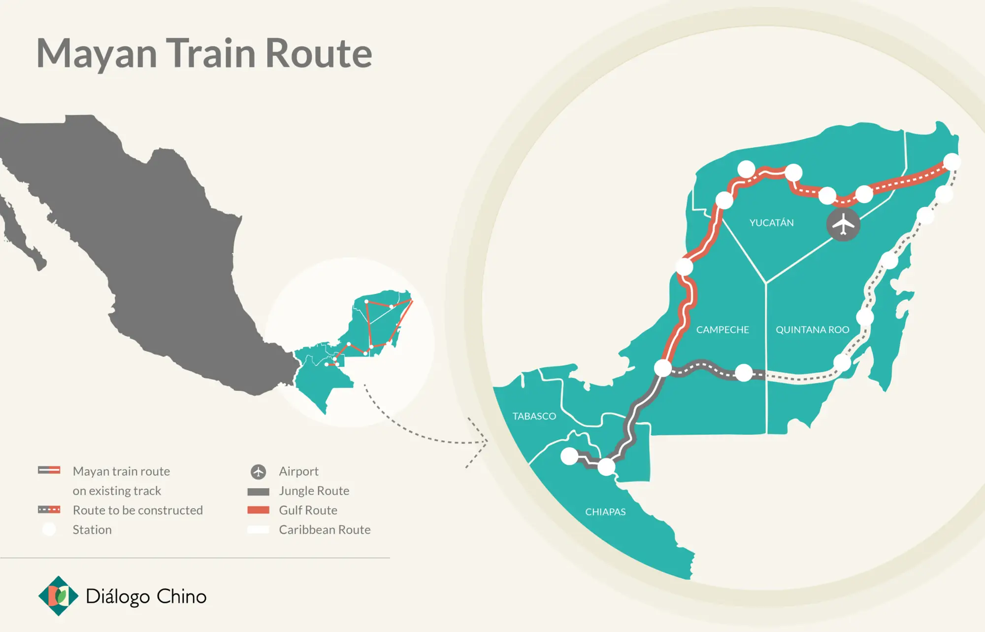 Graphic showing a map of Mexico and highlighting the Mayan Train Route through the Yucatán Peninsula, courtesy of Diálogo Chino