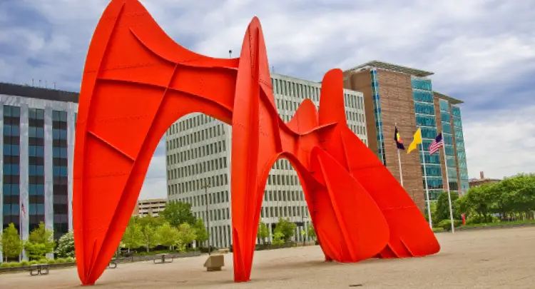 Photo of the Calder sculpture at Calder Plaza in downtown Grand Rapids, Mich.