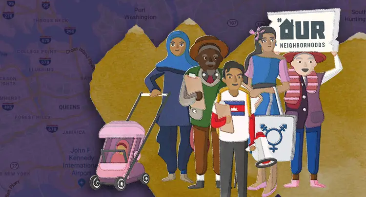 Illustration of diverse families standing together from the #OurNeighborhoods website