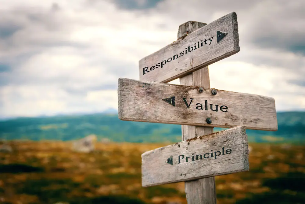 Photo of an old, wooden directional sign with three arrows pointing in different directions. The arrows say "Responsibility," "Values," and "Principles."