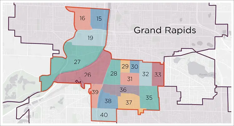 Map from the Economic Inclusion report of the Greater Grand Rapids area highlighting Census-defined neighborhood boundaries