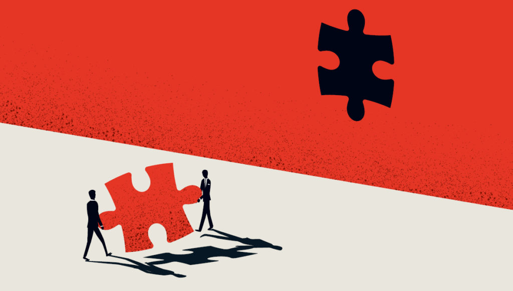 Illustration of two people carrying a large puzzle piece toward a wall with a puzzle piece missing
