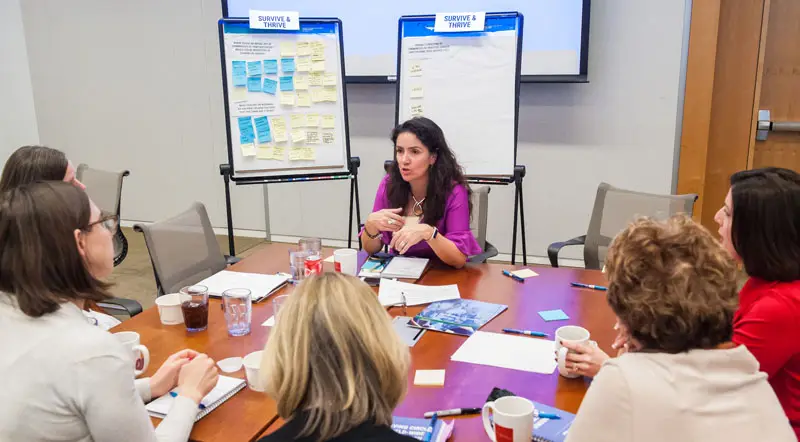 Photo: Sara Lomelin leads a discussion at the Bill & Melinda Gates Foundation in Seattle, WA in April 2019. (Photo Credit: Gates Archive/Bruce Tom)