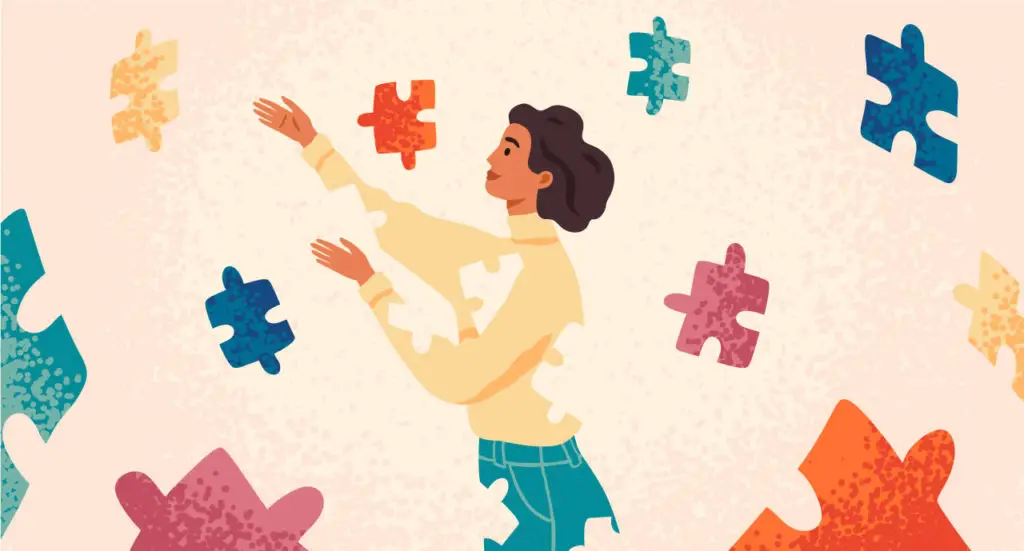 Illustration of a woman "assembling" herself with different colored puzzle pieces that are floating around her, representing parts of her identity