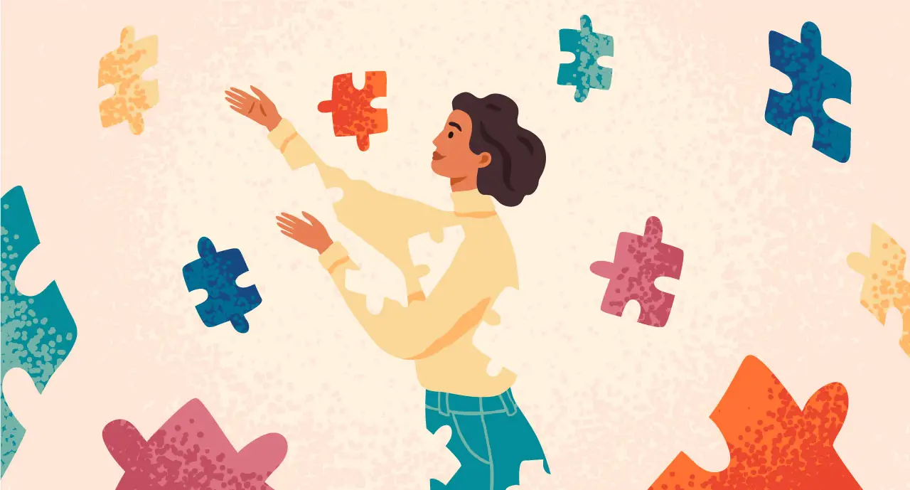 Illustration of a woman "assembling" herself with different colored puzzle pieces that are floating around her, representing parts of her identity