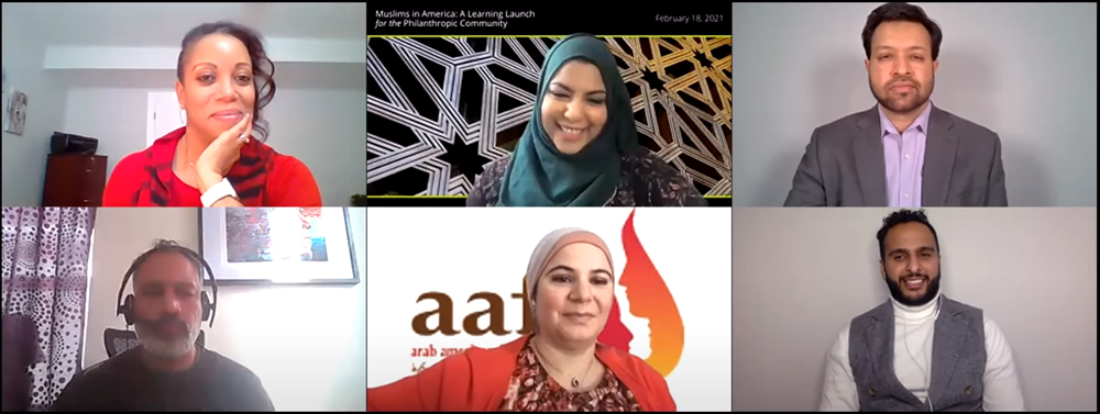 Screenshot of panelists from the Muslims in America: A Learning Launch for the Philanthropic Community, a webinar on February 18, 2021 