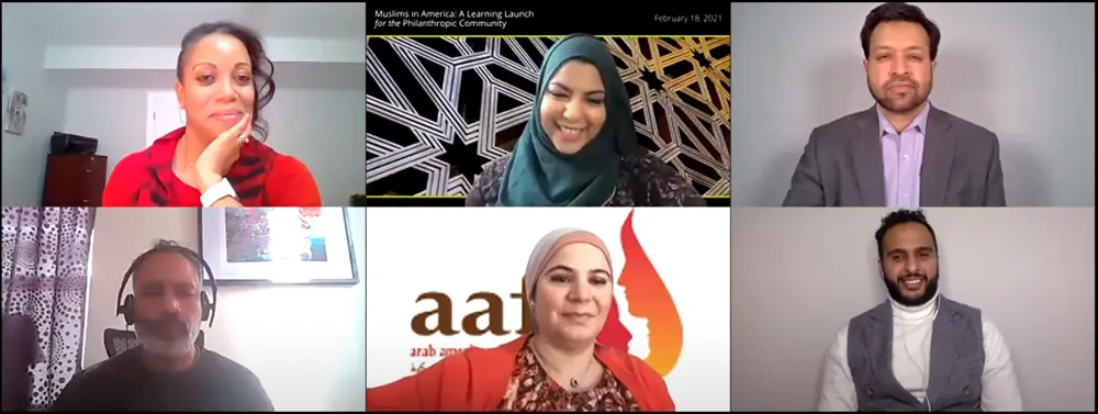Screenshot of panelists from the Muslims in America: A Learning Launch for the Philanthropic Community, a webinar on February 18, 2021