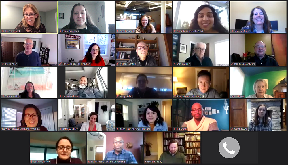 A screenshot captured during a virtual meeting of The Grantmaking School instructors and staff in early 2021 