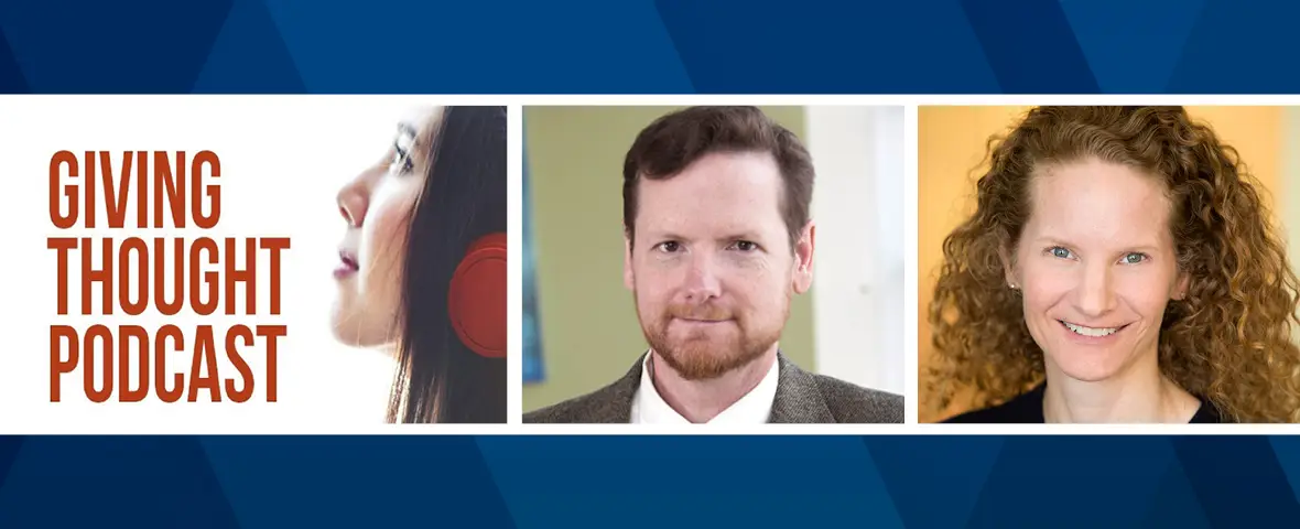 Image: Giving Thought Podcast logo next to photos of Michael Moody and Sharna Goldseker