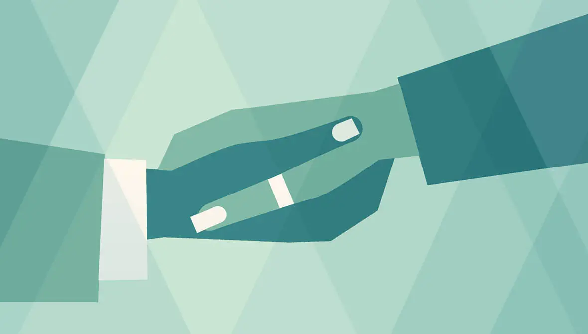 Illustration of two clasped hands, symbolizing trust.