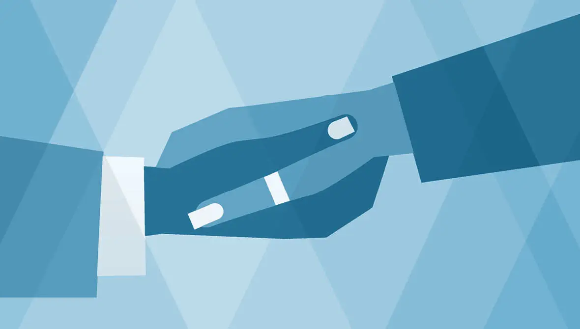 Illustration of two clasped hands, symbolizing trust.