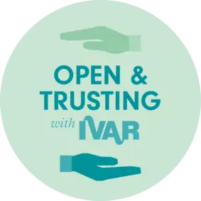 Light green, circular badge with the words "Open & Trusting with IVAR" in the center