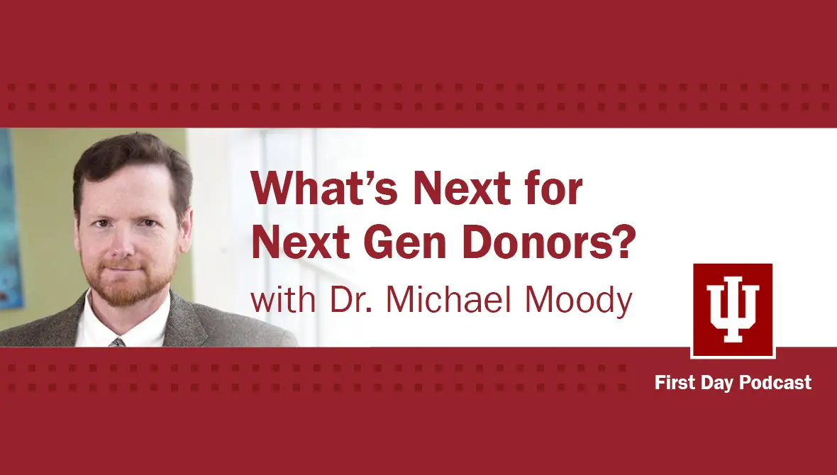 Photo of Michael Moody on a burgundy background with text that reads: "What's Next for Next Gen Donors, with Dr. Michael Moody"