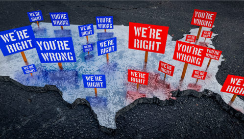 Graphic showing an outline of the United States filled with red and blue signs that say "WE'RE RIGHT!" and "YOU'RE WRONG!" representing culture wars and political divide