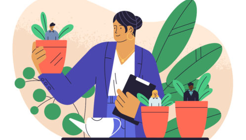 Illustration of a business woman holding a clipboard in front of a table. On the table there are three flower pots with tiny business professionals "growing" in them. The illustration represents development of staff and talent investment.