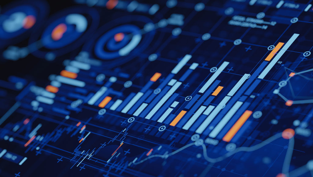 Abstract image of digital information displayed as data charts and graphs, representing data philanthropy, predictive analytics, and machine learning