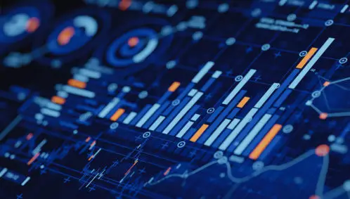 Abstract image of digital information displayed as data charts and graphs, representing data philanthropy, predictive analytics, and machine learning