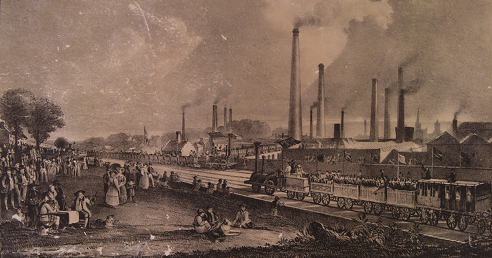Photograph of a painting of St.Rollox Chemical Works at the opening of the Garnkirk and Glasgow railway in 1831 painted by D.O. Hill
