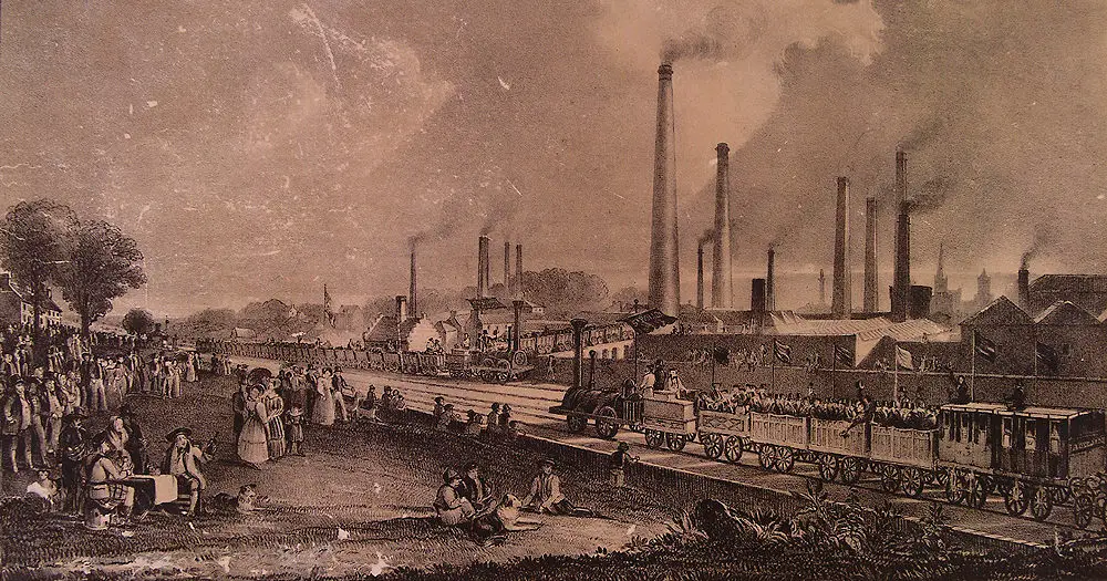 Photograph of a painting of St.Rollox Chemical Works at the opening of the Garnkirk and Glasgow railway in 1831 painted by D.O. Hill