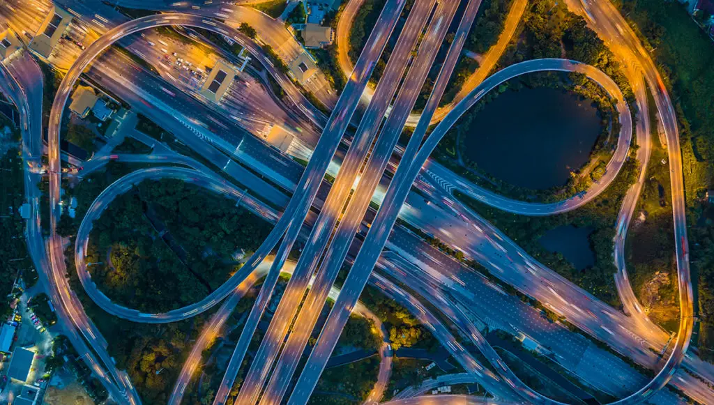 Aerial photo of a busy, multi-lane highway interchange