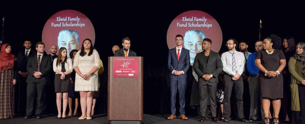 Several Ebeid Family Fund Scholars being honored on stage in 2017