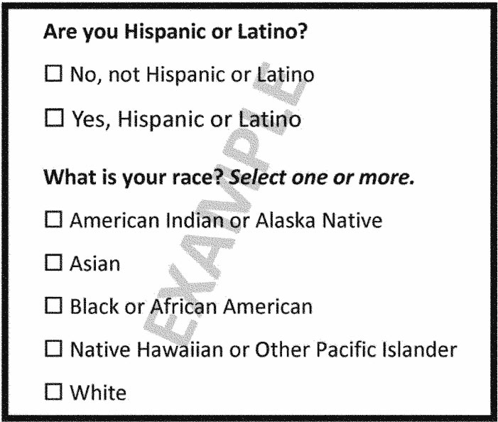 Question 1: “Are you Hispanic or Latino?” Answer options: “No, not Hispanic or Latino” or "Yes, Hispanic or Latino.” Question 2: “What is your race? Select one or more.” Answer options: “American Indian or Alaska Native”; “Asian”; “Black or African American“; “Native Hawaiian or Other Pacific Islander“; “White”