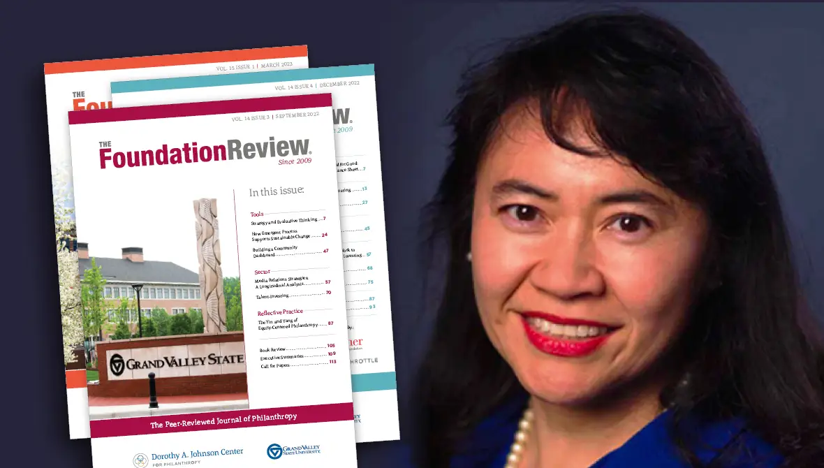 Headshot of Hanh Cao Yu alongside covers of three issues of The Foundation Review