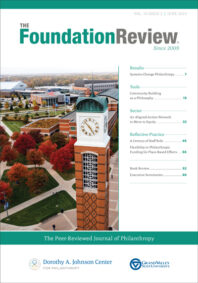 Front cover of The Foundation Review Volume 15, Issue 2, featuring a photo of the Cook Carillon Tower on GVSU's main campus in Allendale, Mich.