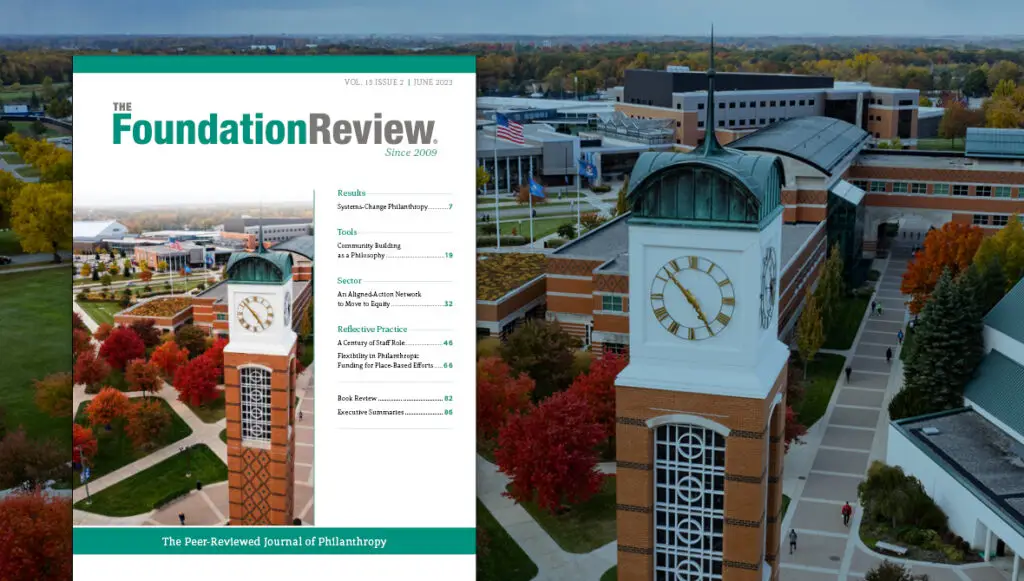 Front cover of The Foundation Review Volume 15, Issue 2, featuring a photo of the Cook Carillon Tower on GVSU's main campus in Allendale, Mich.