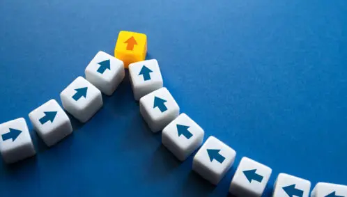Two lines of white blocks with arrows on them meet at a single yellow block with an arrow pointing upward (representing support through fiscal sponsorship)
