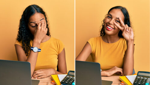 Two side-by-side photos of the same Gen Z woman. On the left, she is rubbing the bridge of her nose as if under stress. On the right, she is smiling and making a peace sign in front of her face.