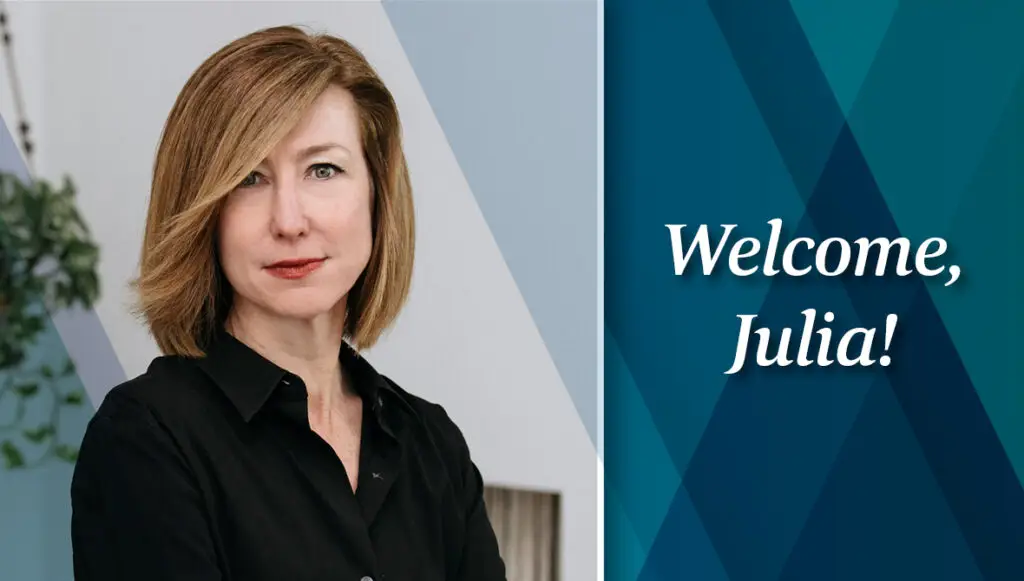 Headshot of Julia Coffman. Text reads "Welcome, Julia!"