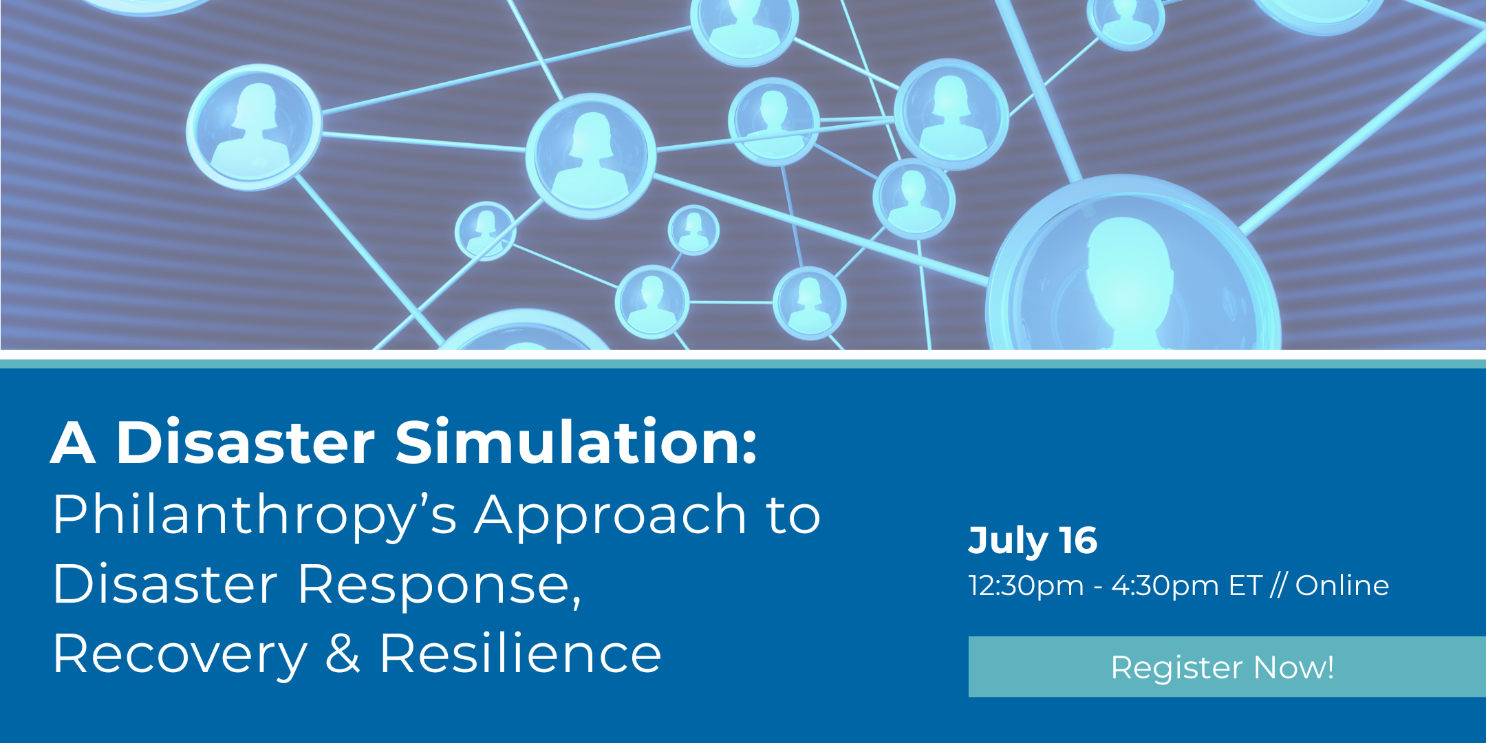 Blue banner for Disaster Simulation event. Includes title of event, date and time of event.
