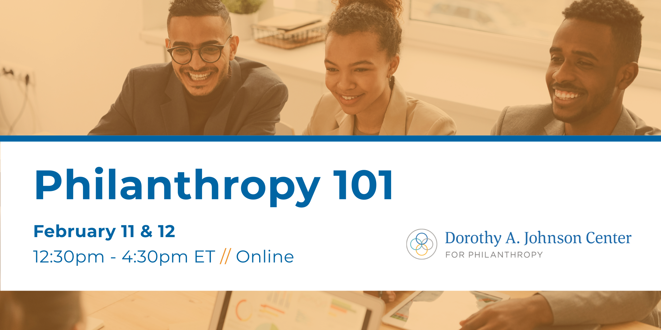 Banner with three smiling young professionals and information for the February 2026 course of Philanthropy 101
