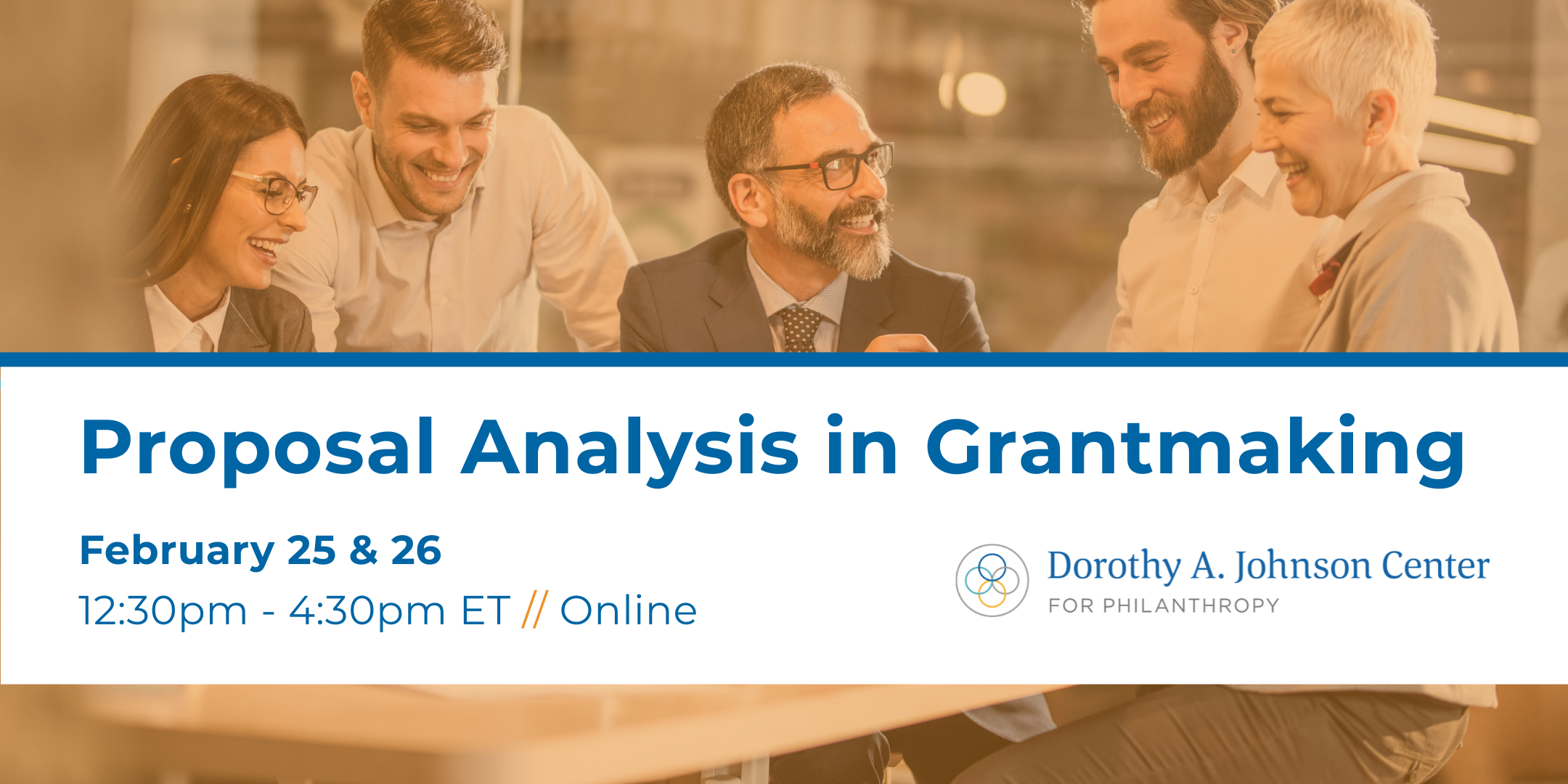 Image of five smiling professionals with the information for Proposal Analysis course listed