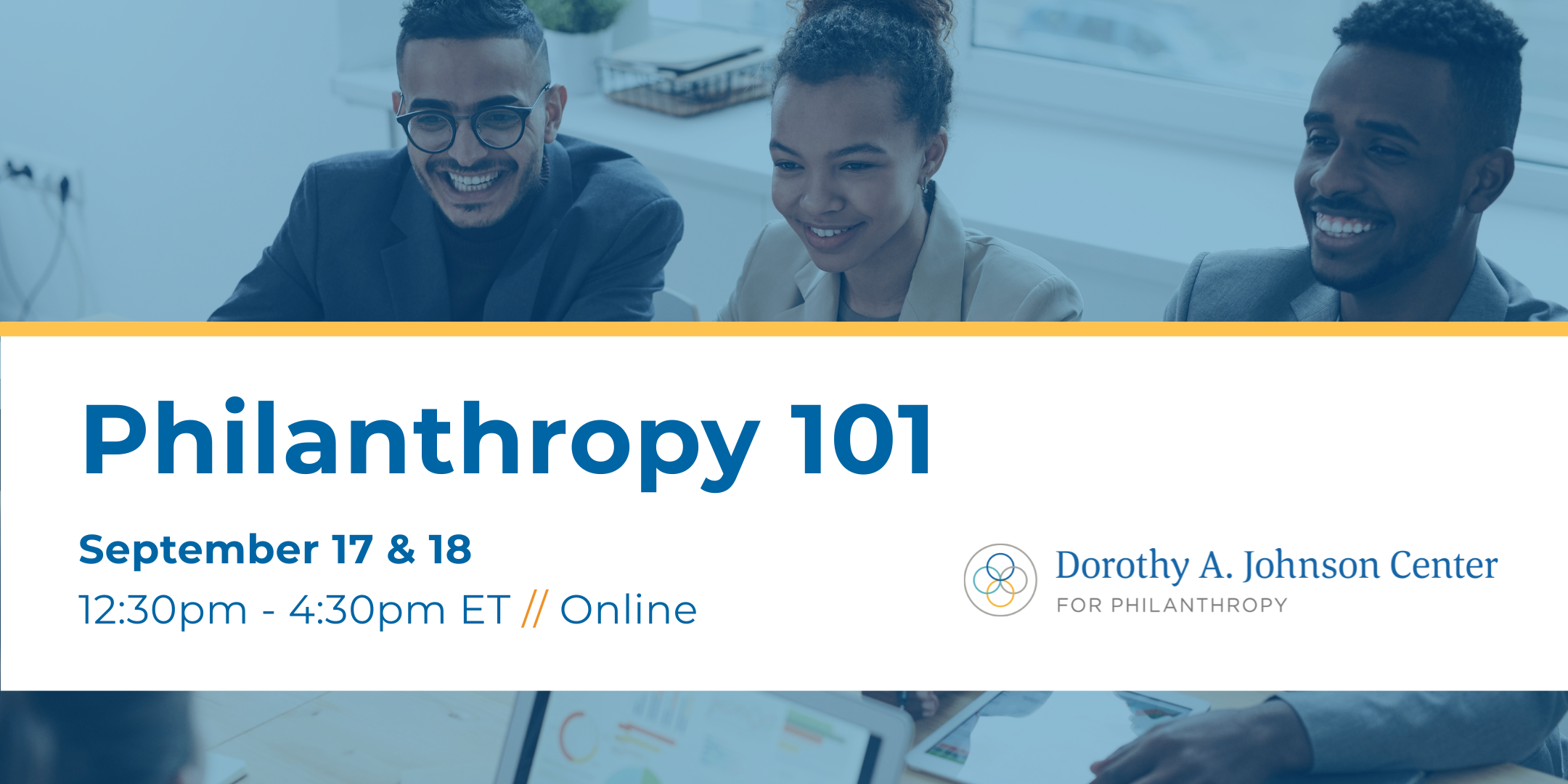 Banner with text over image of three people smiling. The banner advertises the Philanthropy 101 course.