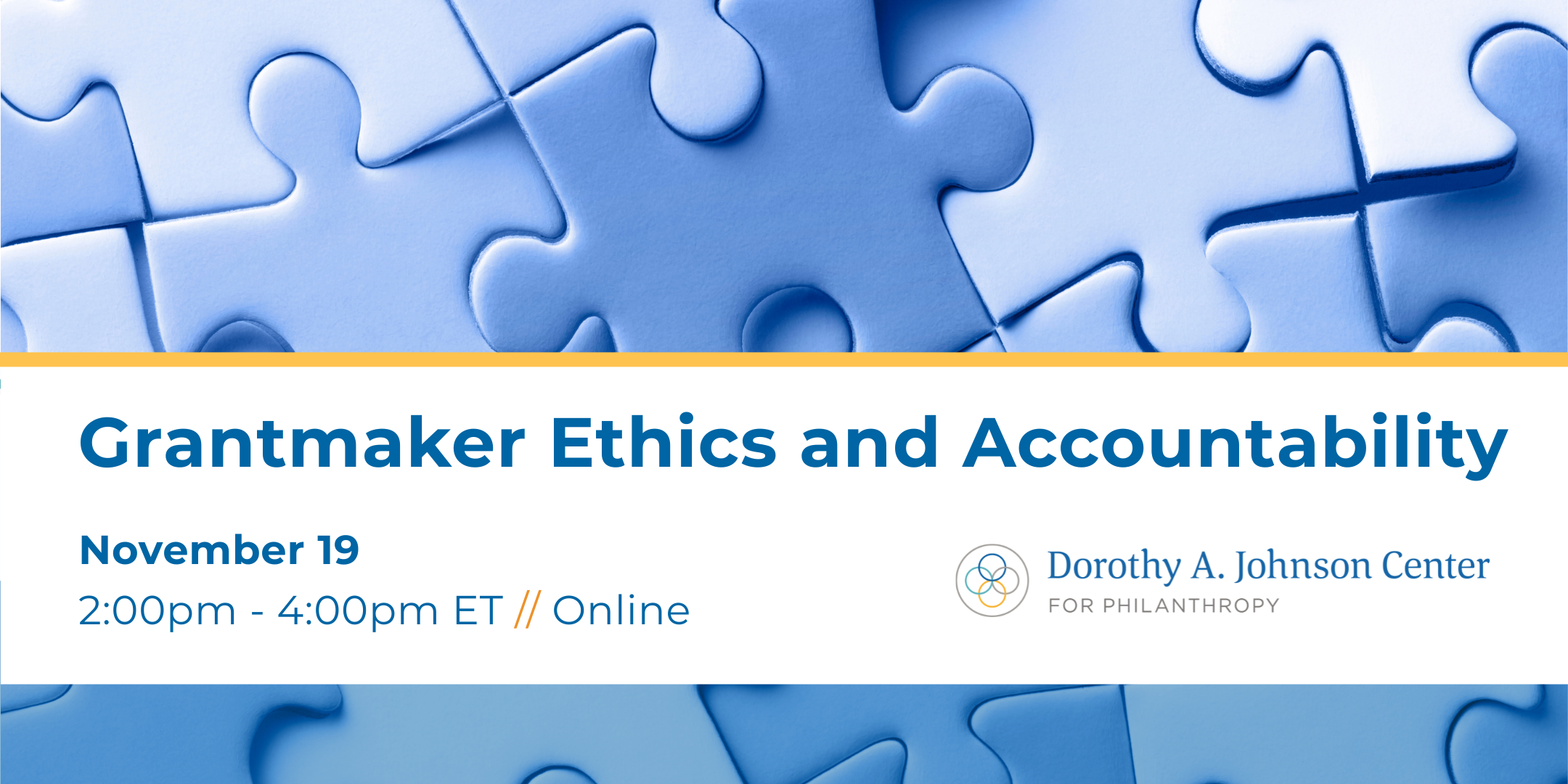 Banner with text reading "Grantmaker Ethics and Accountability" over a background of blue interlocking puzzle pieces.