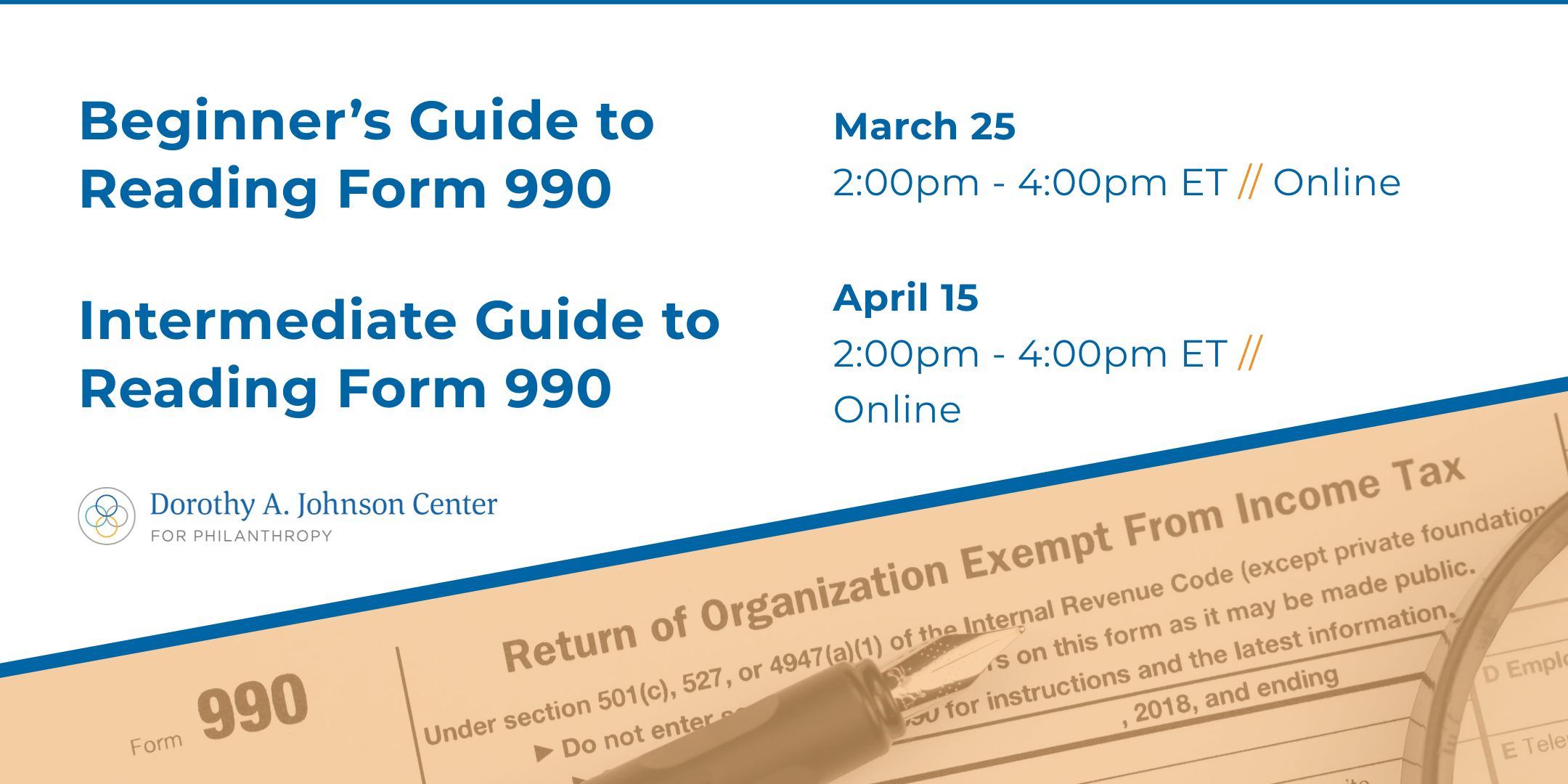 Banner image with text describing the times and dates for two courses on reading IRS Form 990s
