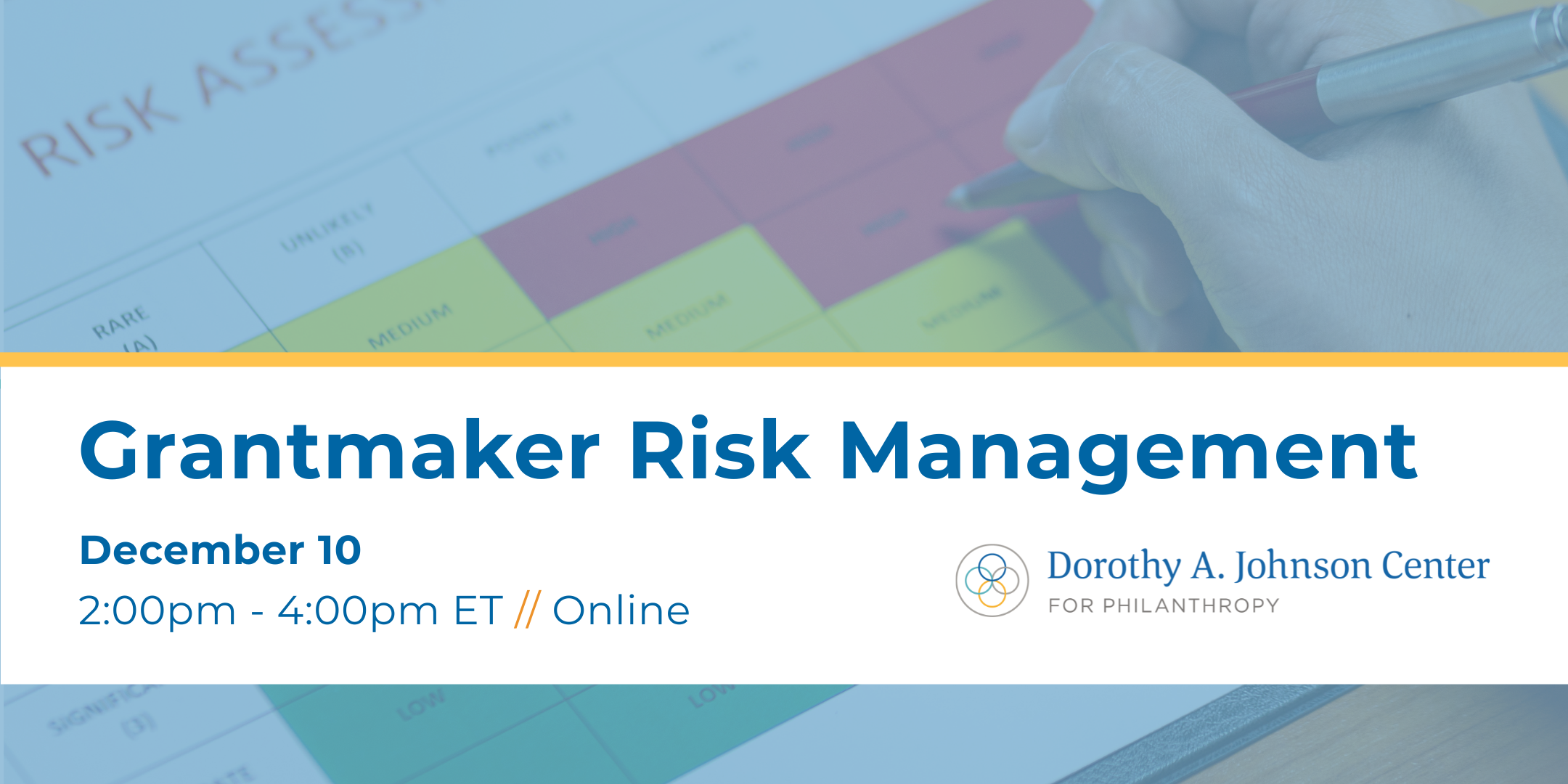 Banner with text "Grantmaker Risk Management" over an image of a hand over a chart with red, yellow, and green blocks.