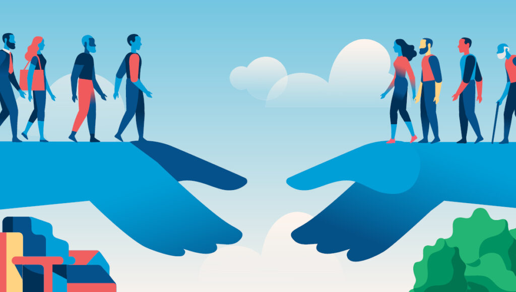 Abstract illustration of two large, blue hands reaching toward one another for a handshake (representing community philanthropy)