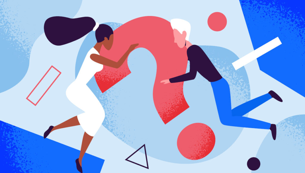 Abstract illustration of a male and female figure holding on to a large question mark (meant to symbolize trust)